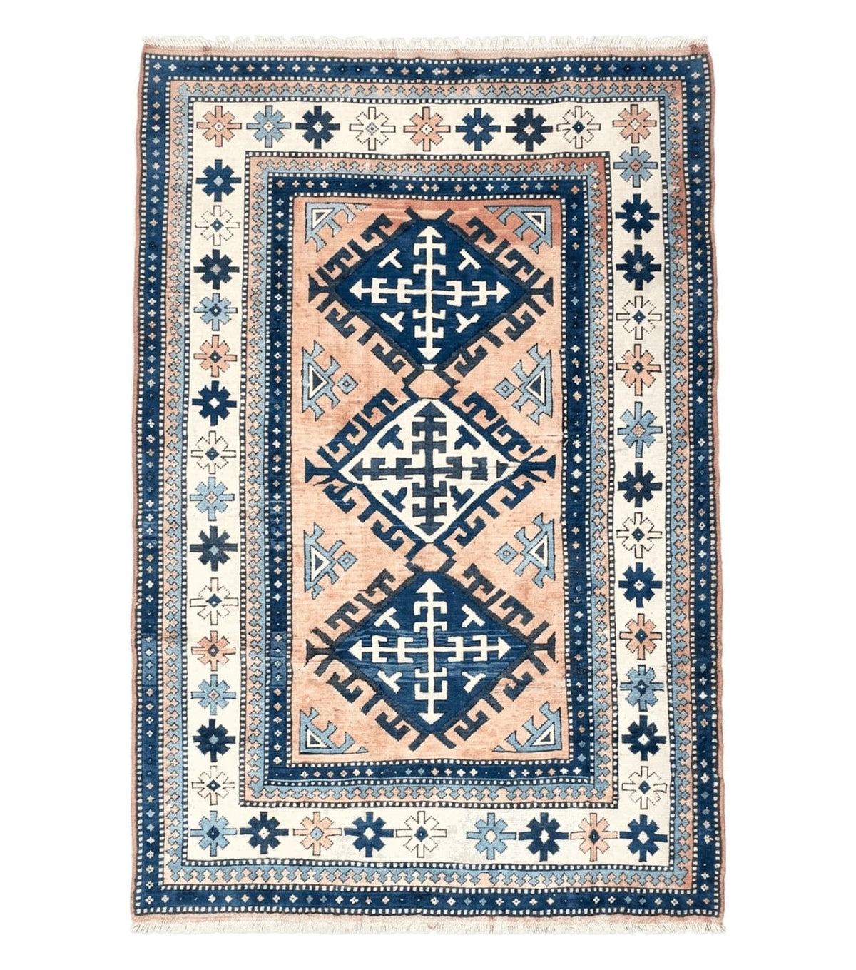 Turkish Kazak Rug 5x8 ft, Bold Geometric Bohemian Carpet, Blue and Ivory Hand Knotted Area Rug, Medium Sized High Quality Wool Oriental Rug - Jewel Rugs