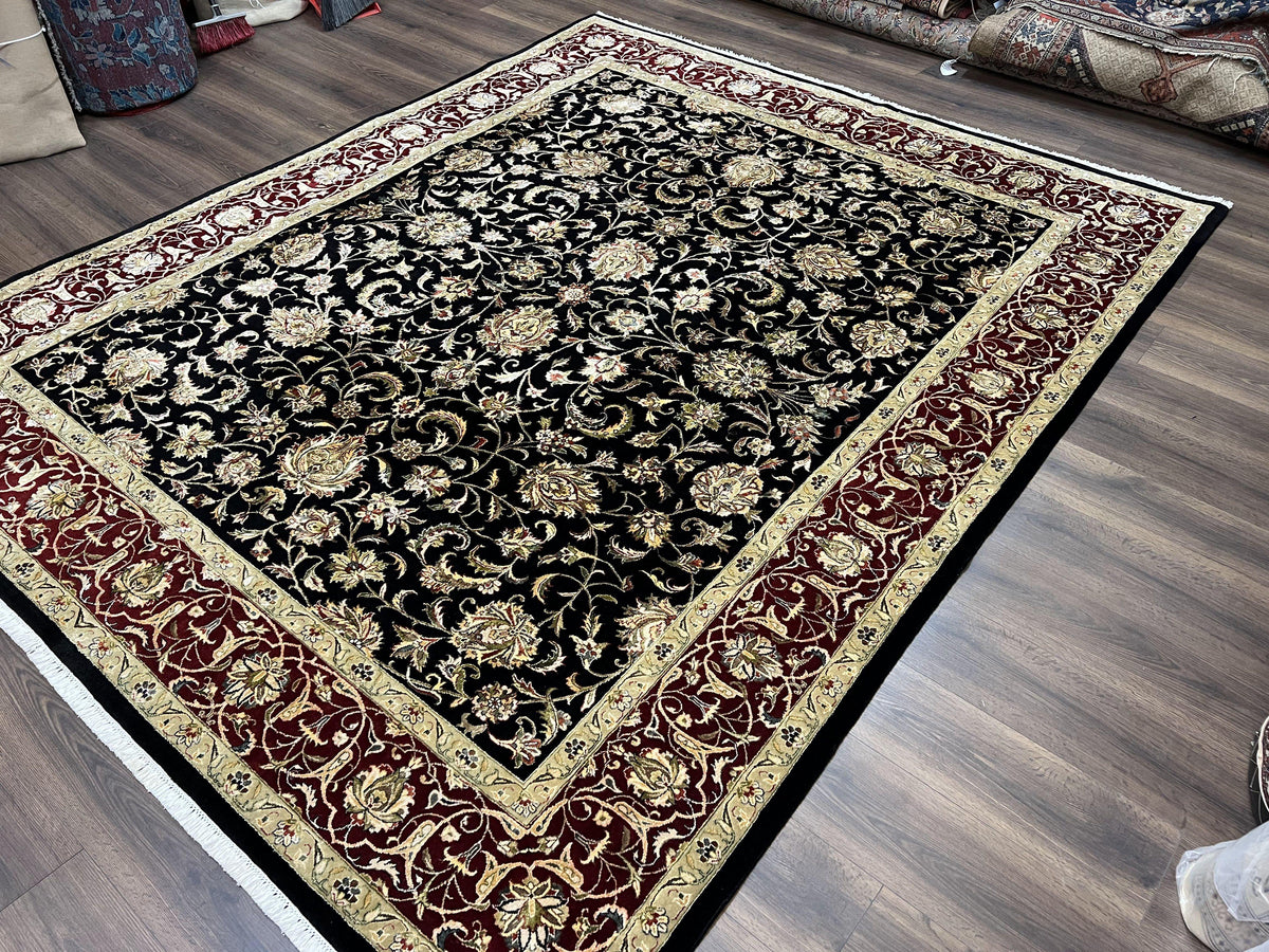 Indo Persian Rug 8x10, Black and Maroon Floral Allover Wool and Silk Oriental Carpet 8 x 10 ft, Hand Knotted Traditional Vintage Room Sized - Jewel Rugs, view 2