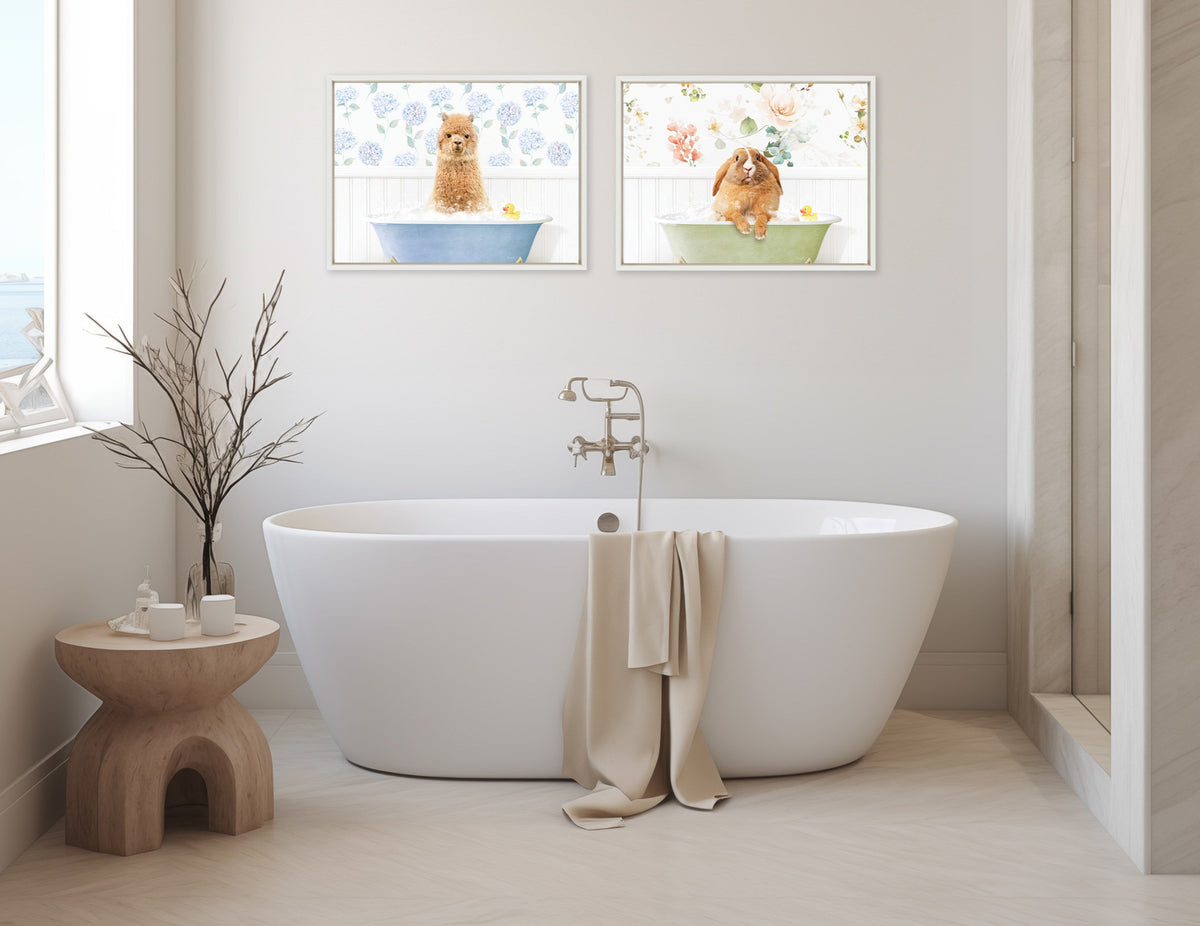 Sylvie Baby Alpaca in Hydrangea Bubble Bathtub Framed Canvas by Amy Peterson