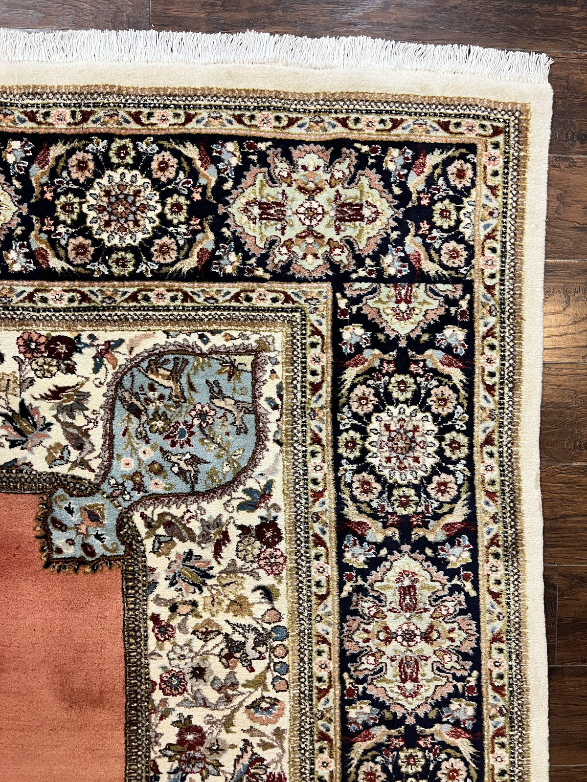 Persian Tabriz Rug 10x13, Wool Hand Knotted Vintage Carpet, Salmon Red & Ivory, Semi Open Field, Birds & Animal Motifs, Large Rug - Jewel Rugs, view 7