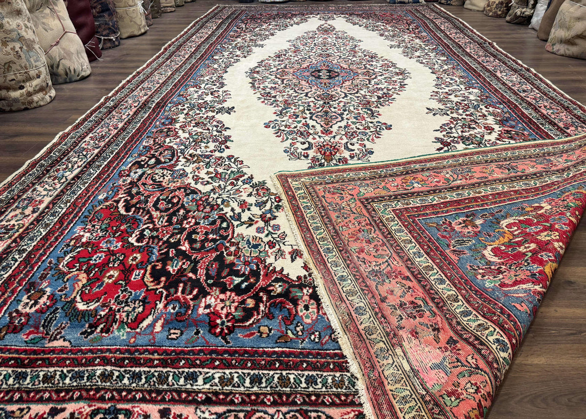 Palace Size Persian Rug 10 x 21 ft, Antique Hamadan Bibikabad Carpet, Handmade Antique Wool Oversized Rug, Ivory, Semi Open Field - Jewel Rugs, view 12