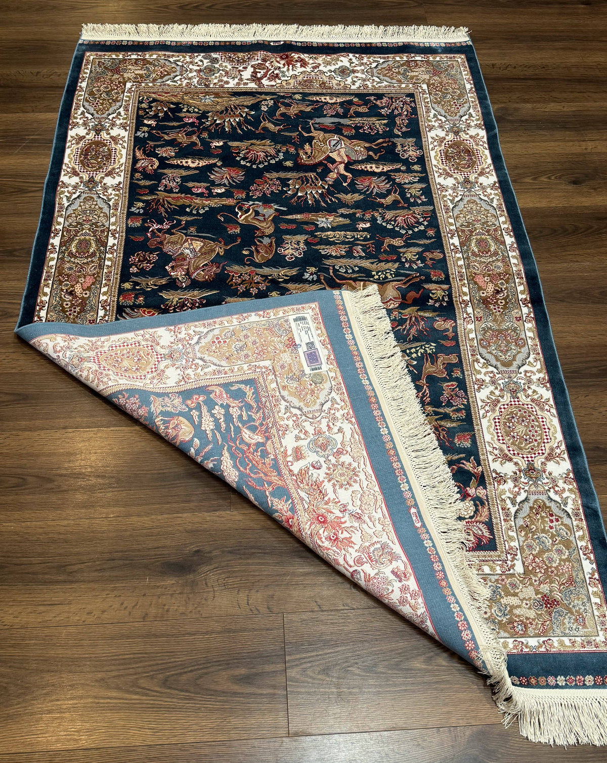 Turkish Silk Hunting Design Rug 4x6, Dark Steel Blue & Ivory, Bamboo Silk, New - Jewel Rugs, view 11