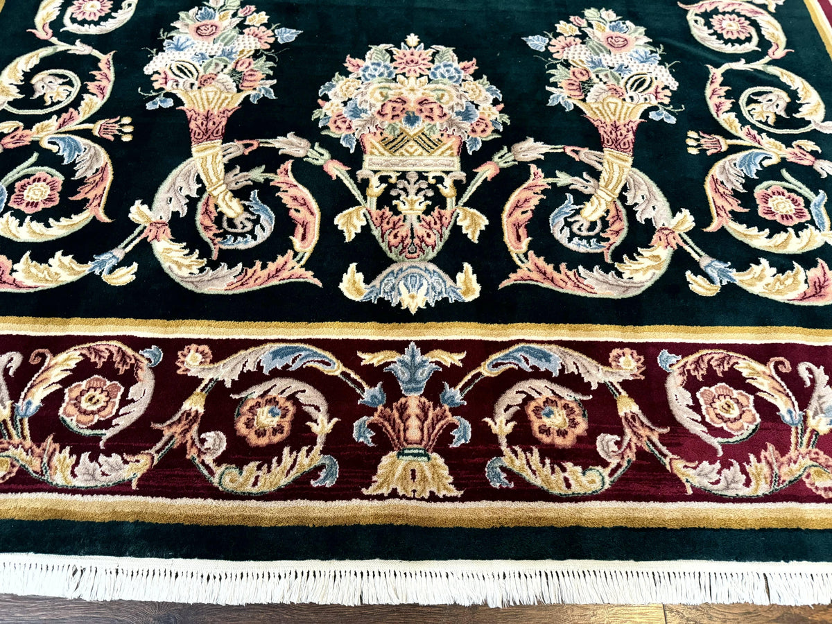 Aubusson Rug 9x12, Dark Green, European Design, Vintage Fine Handmade Carpet, Elegant - Jewel Rugs, view 6