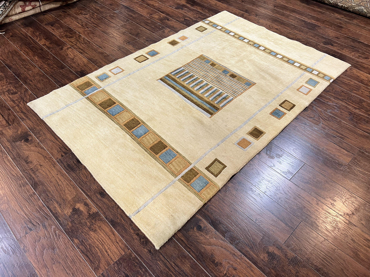 Tibetan Rug 5x8, Contemporary Rug 5 x 8 ft, Cream Brown Blue Hand-Knotted Wool w/ Silk Highlights Tibetan Carpet, Modern Rug - Jewel Rugs, view 3