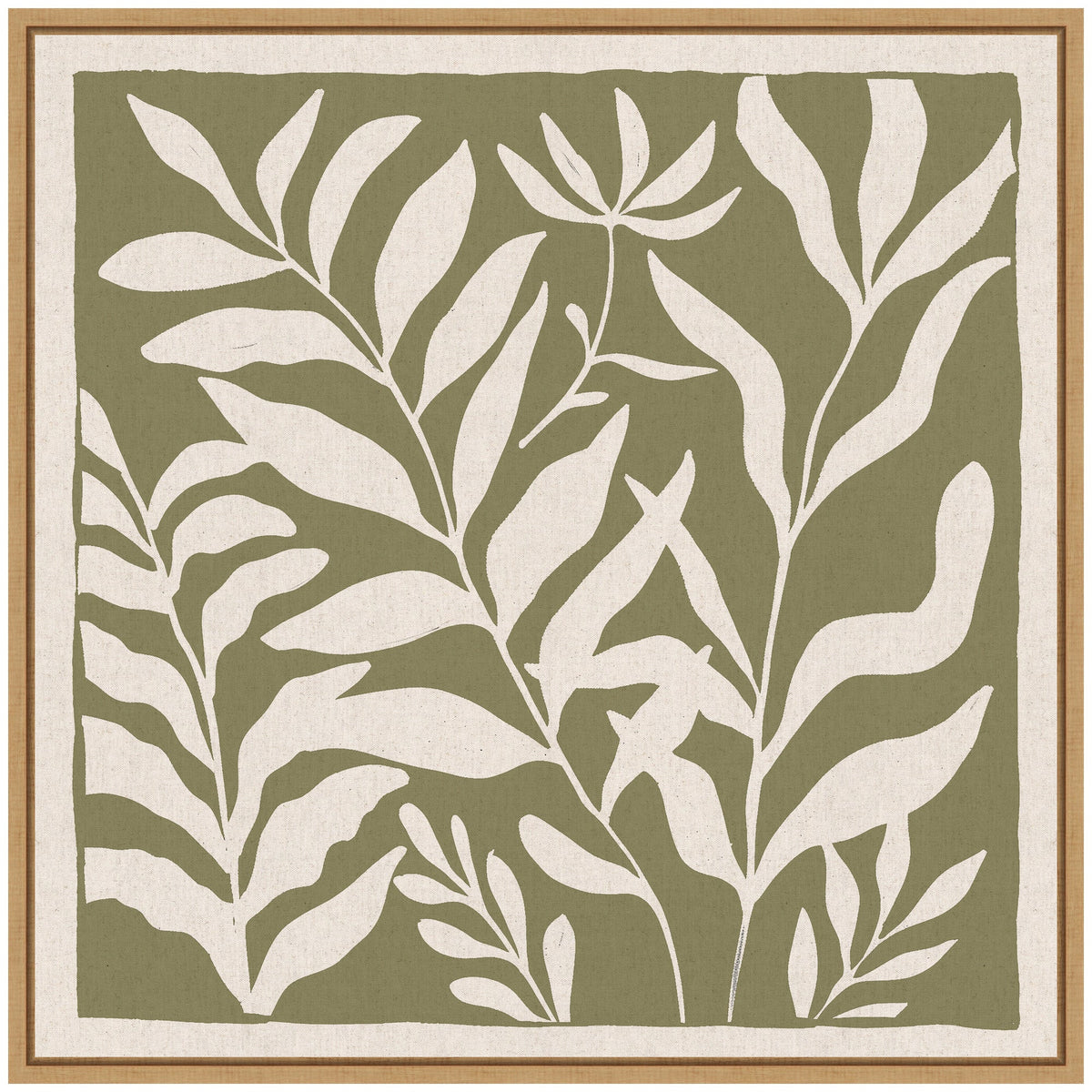 Sylvie Modern Minimalist Botanical Green and Neutral Linen Framed Canvas by The Creative Bunch Studio