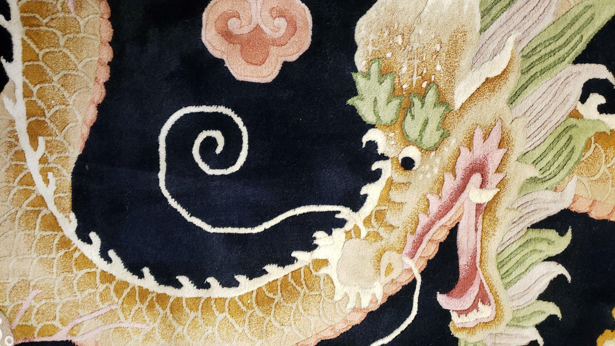 Rare Antique Chinese Art Deco Rug 6x9 with Dragon, Black Chinese Carpet 6 x 9, Hand Knotted Wool Area Rug - Jewel Rugs, view 12