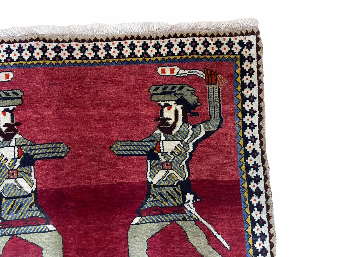 3 X 6 Handmade Wool Rug Tribal Balouch Warriors Deer Animal Pictorial Red Swords - Jewel Rugs, view 8