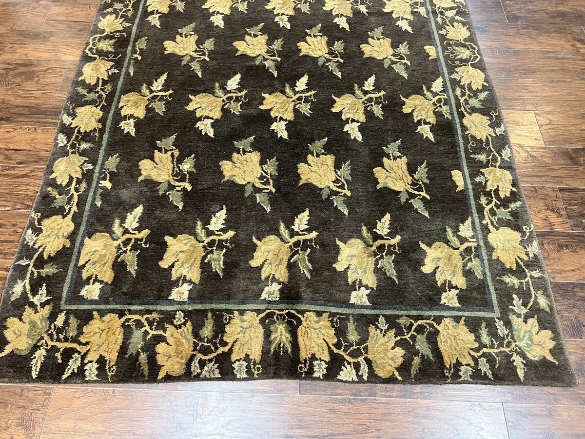 Tibetan Nepal Rug 6x9, Wool Hand Knotted Vintage Carpet 6 x 9, Dark Green & Golden Yellow, Floral Bouquets - Jewel Rugs, view 6