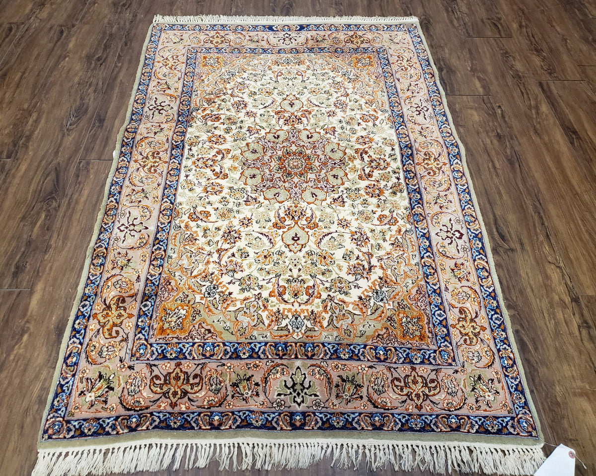 Vintage Persian Isfahan Lachak Toranj Rug, Highly Detailed, Kork Wool on Silk Foundation, Beige and Dark Blue, Hand-Knotted, 3'6" x 5' 4" - Jewel Rugs, view 2