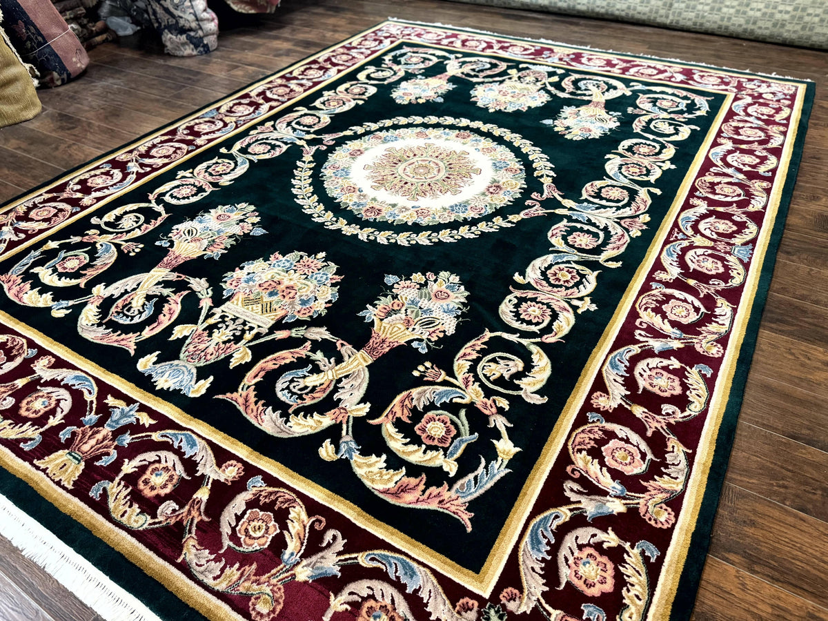 Aubusson Rug 9x12, Dark Green, European Design, Vintage Fine Handmade Carpet, Elegant - Jewel Rugs, view 3