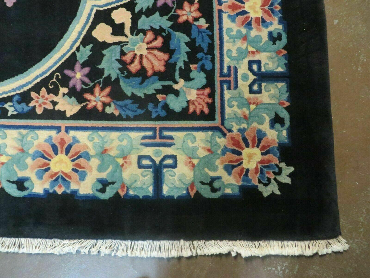Black Chinese Wool Rug 8x10, Art Deco Floral Carpet, Soft Plush Pile - Jewel Rugs, view 9