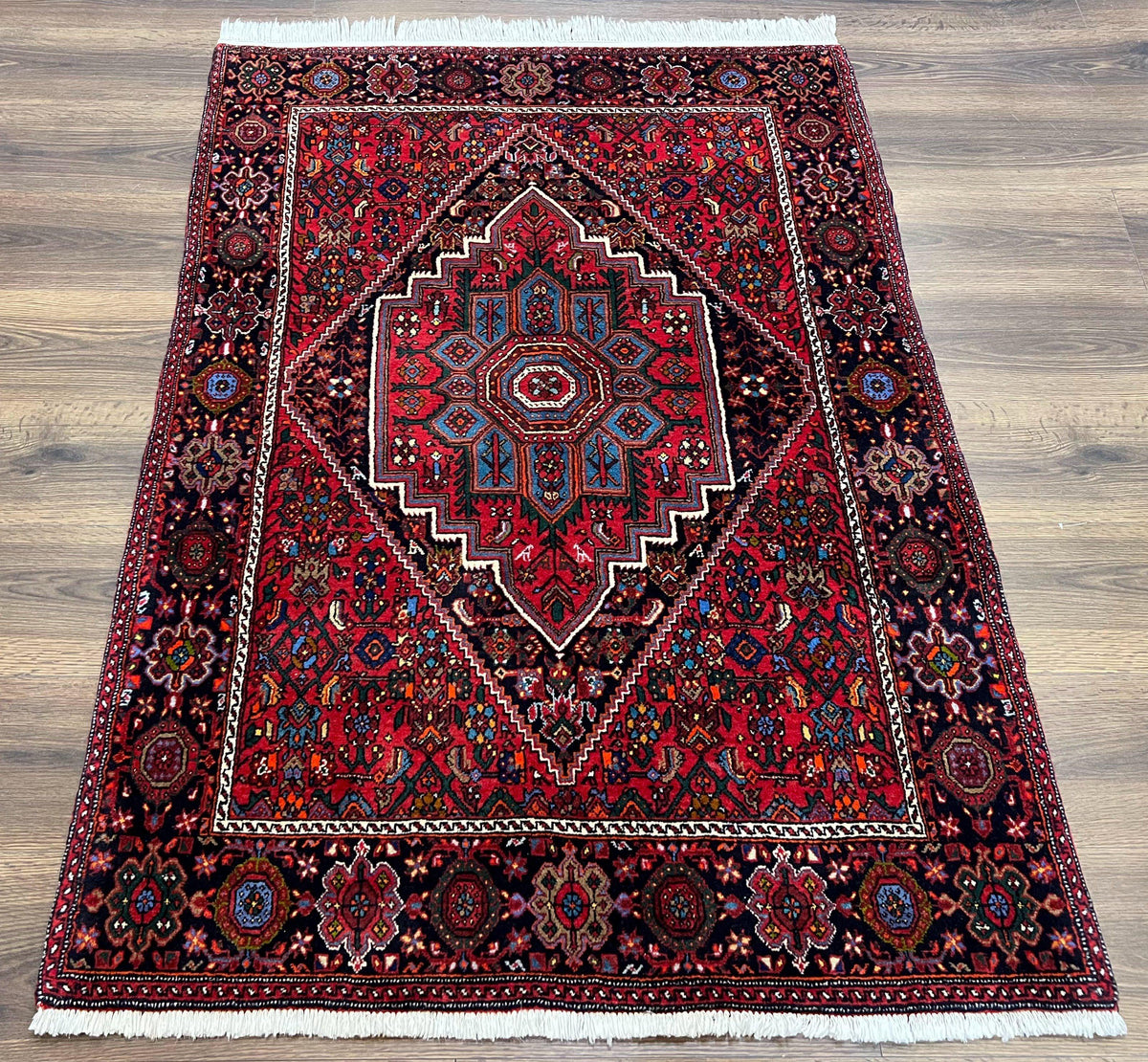 Fine Persian Bidjar Rug 3x5 ft, Ruby Red and Black, Geometric Medallion, Hand Knotted Semi Antique Oriental Bijar Carpet, Wool Area Rug, Tribal Rug - Jewel Rugs, view 2