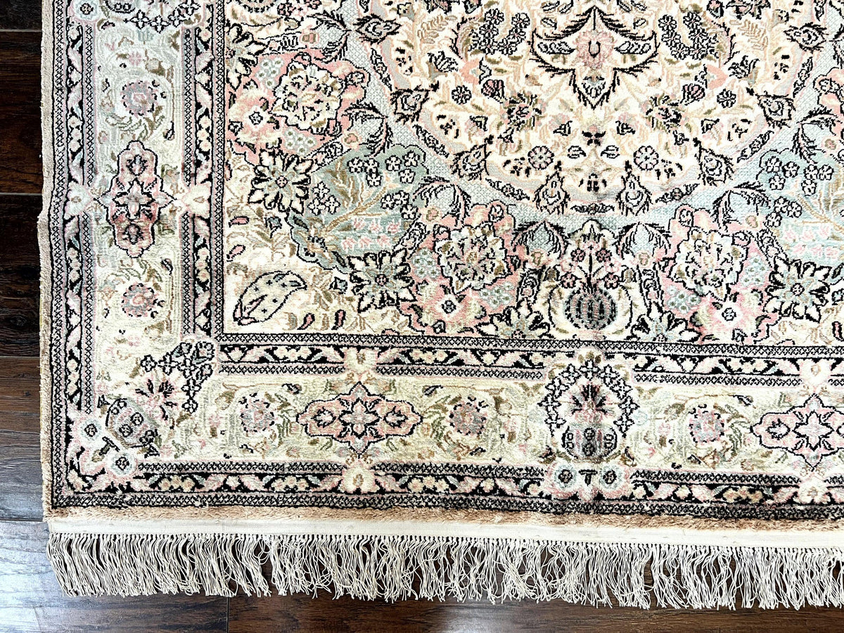 Silk Indian Kashmiri Rug 4x6, Handmade, Ivory, Fine 240 KPSI - Jewel Rugs, view 8