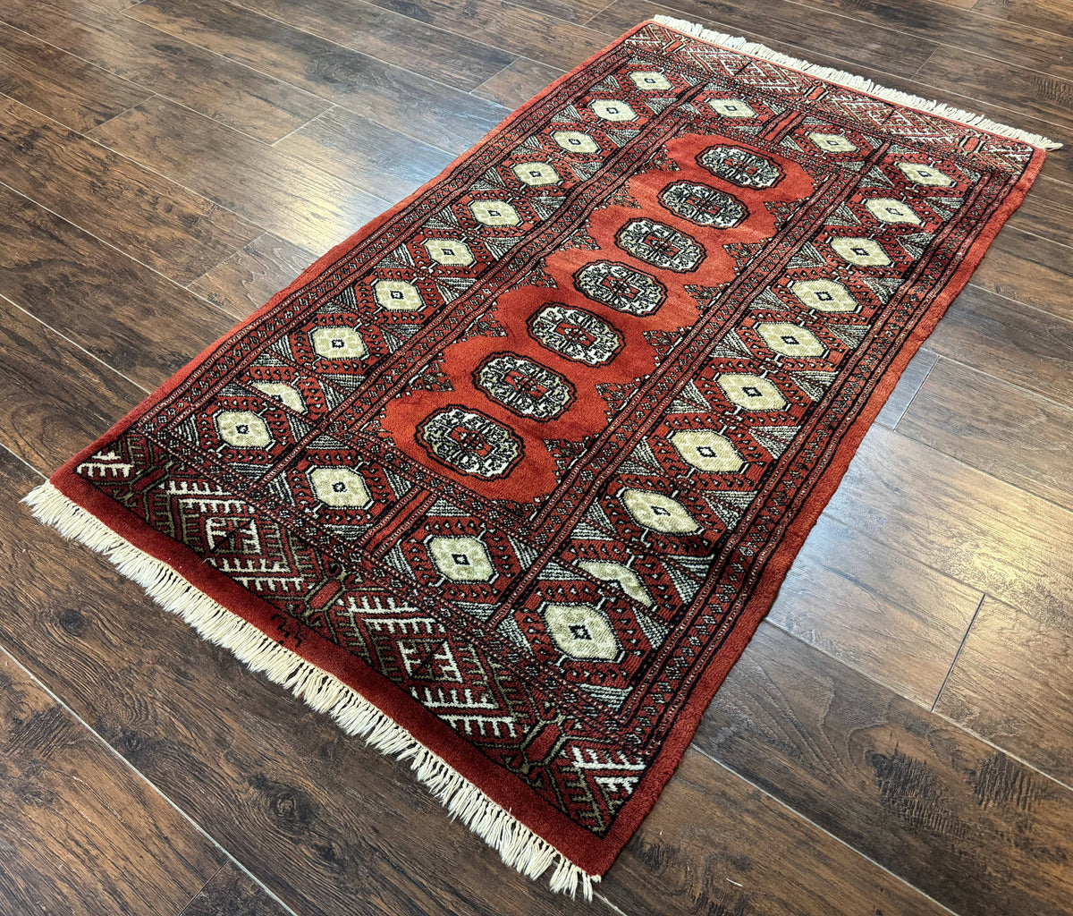 Red Pakistani Turkoman Rug 3x5, Bokhara Design, Vintage, Signed - Jewel Rugs, view 3