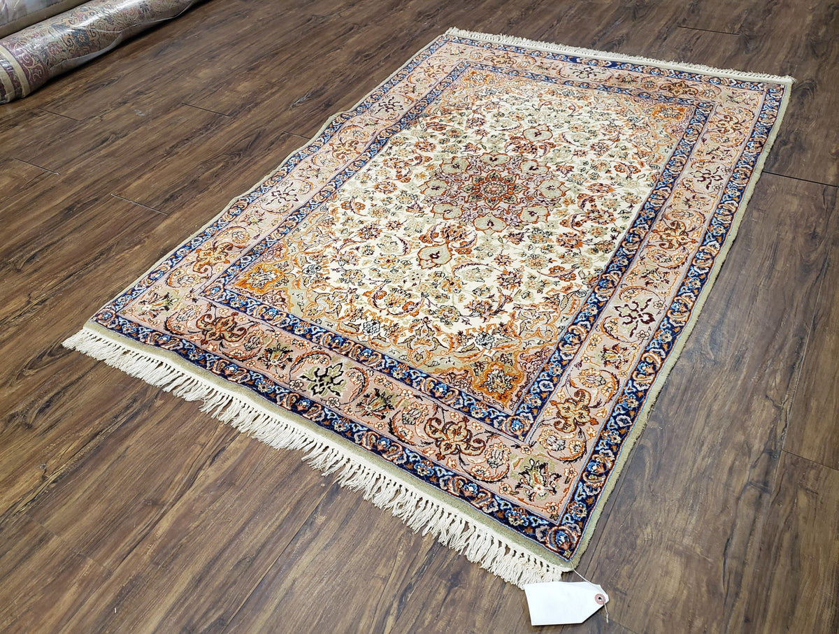 Vintage Persian Isfahan Lachak Toranj Rug, Highly Detailed, Kork Wool on Silk Foundation, Beige and Dark Blue, Hand-Knotted, 3'6" x 5' 4" - Jewel Rugs, view 3