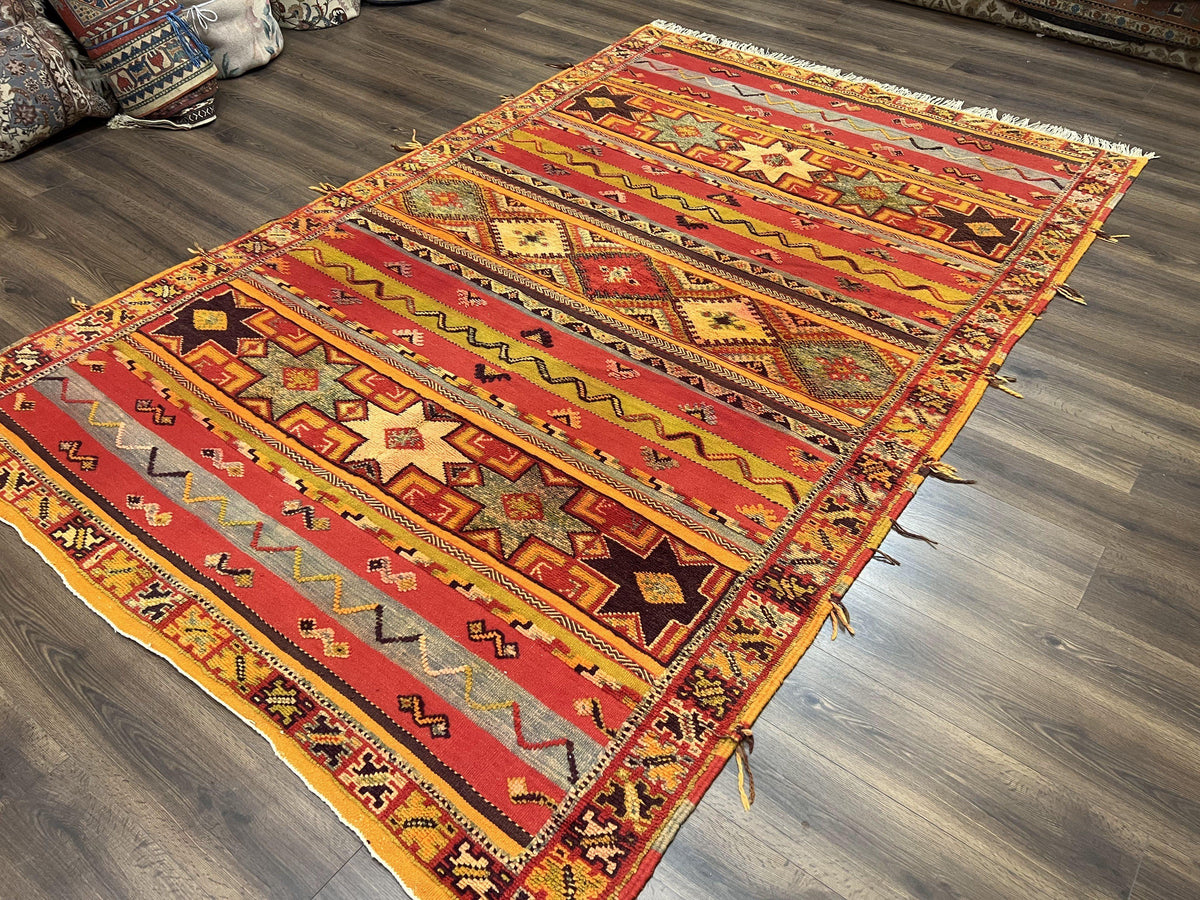 Unique Moroccan Rug 7x10, Room Sized Carpet, Red Orange Gray, Wool Oriental Striped Geometric Tribal Boho Rug, Flatweave with Raised Pile - Jewel Rugs, view 12