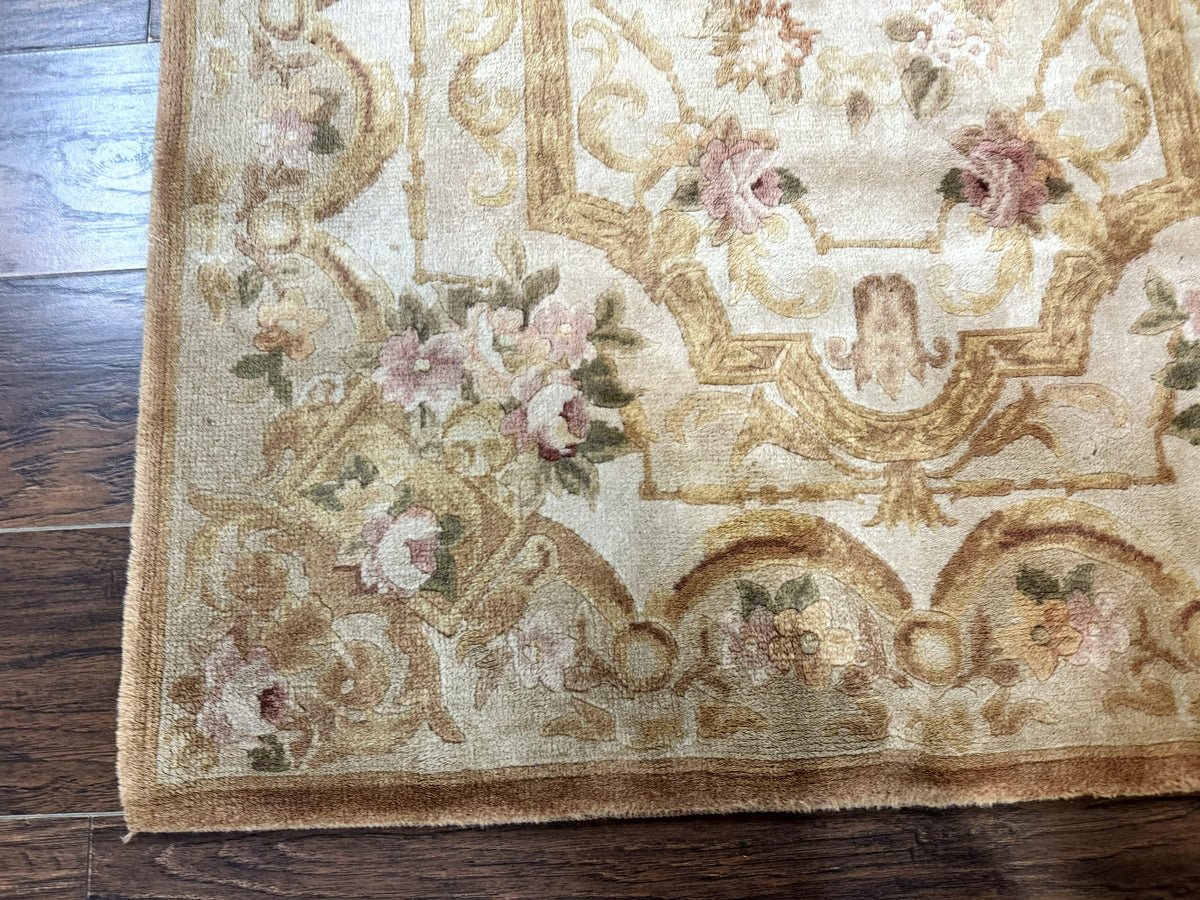 Chinese Aubusson Rug 3.6 x 5, Beige and Gold, Handmade Vintage Elegant European Design Carpet, Plush Wool, Handmade - Jewel Rugs, view 9