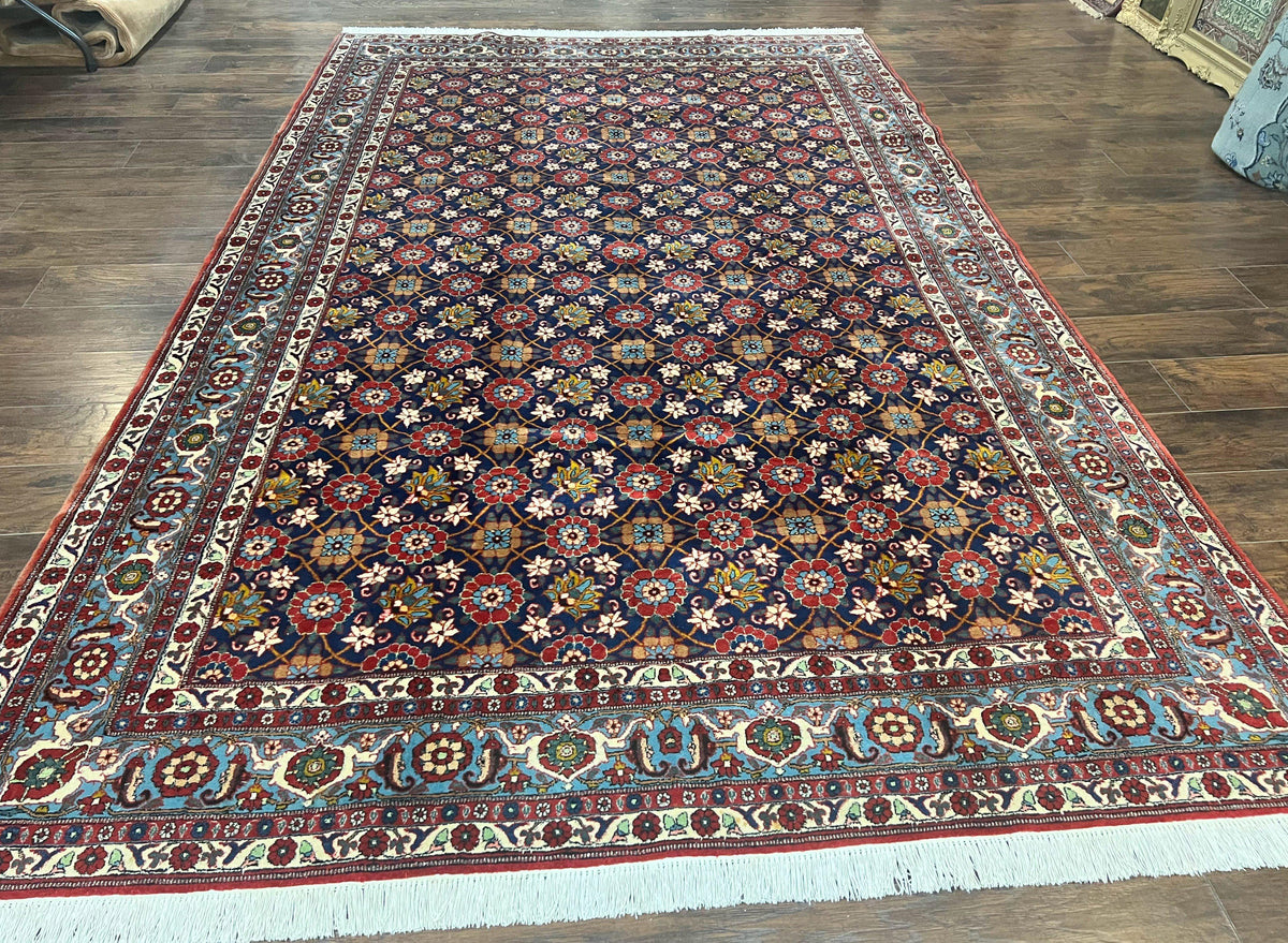 Persian Veramin Rug 7x11, Repeated Allover Pattern, Handmade Vintage Carpet, Navy Blue - Jewel Rugs, view 2