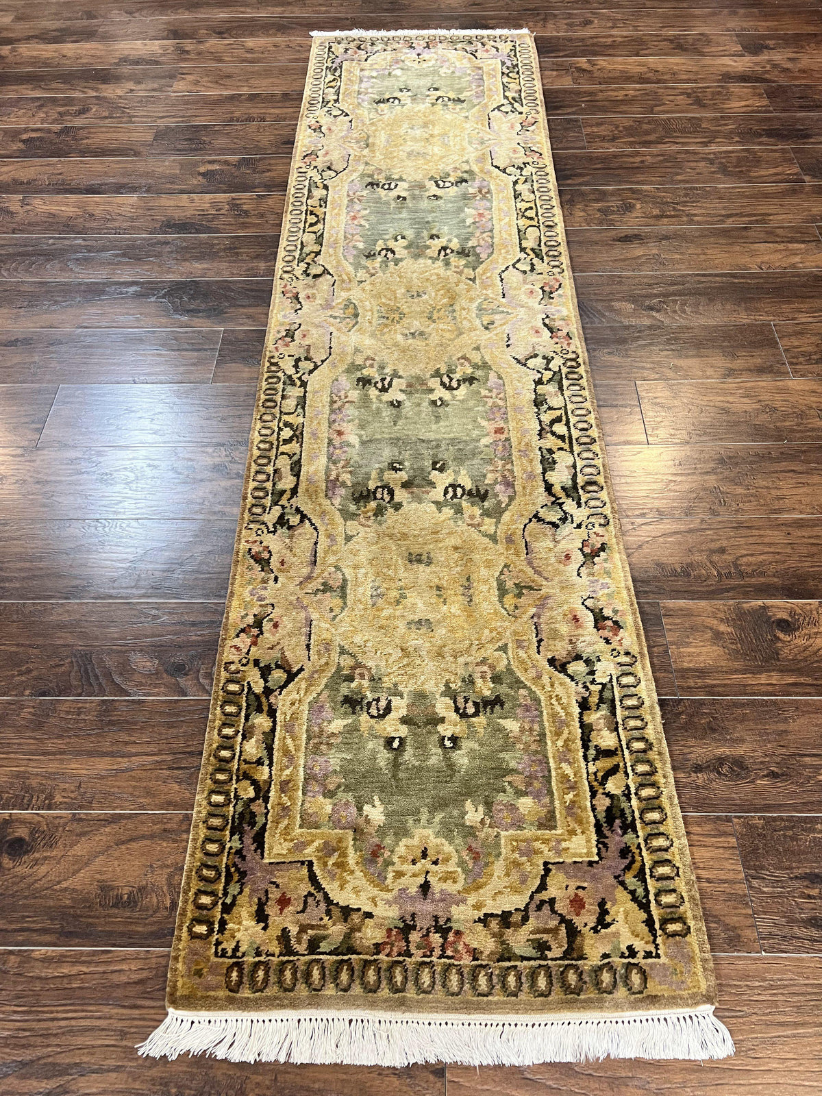 Tibetan Runner Rug 2.6 x 10, French Aubusson Pattern, Gold Olive Green, Vintage Handmade European Design, Wool Hallway Rug - Jewel Rugs
