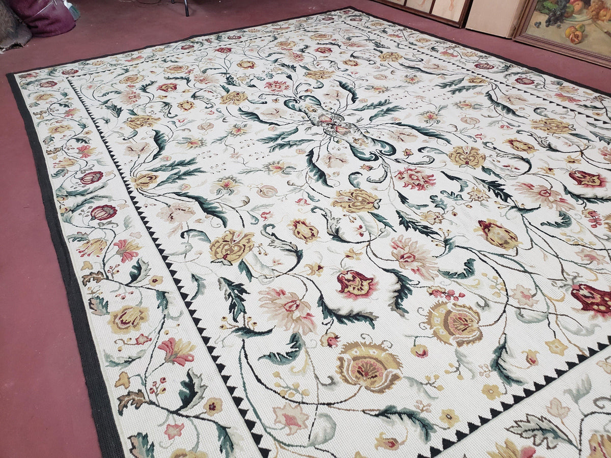 New Needlepoint Rug 9x12, Hand Woven Wool Area Rug, Flatweave Carpet, Handmade Chinese Needlepoint, Floral European Design, Ivory Background - Jewel Rugs, view 12