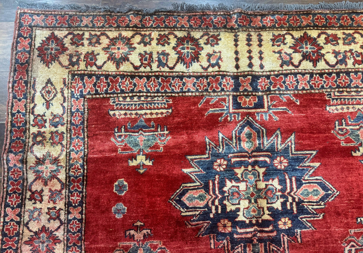 Square Turkish Rug 6x6, Azerbaijani Azeri Turkish Armenian Rug, Red Tan Blue, Geometric, Wool Carpet - Jewel Rugs, view 7