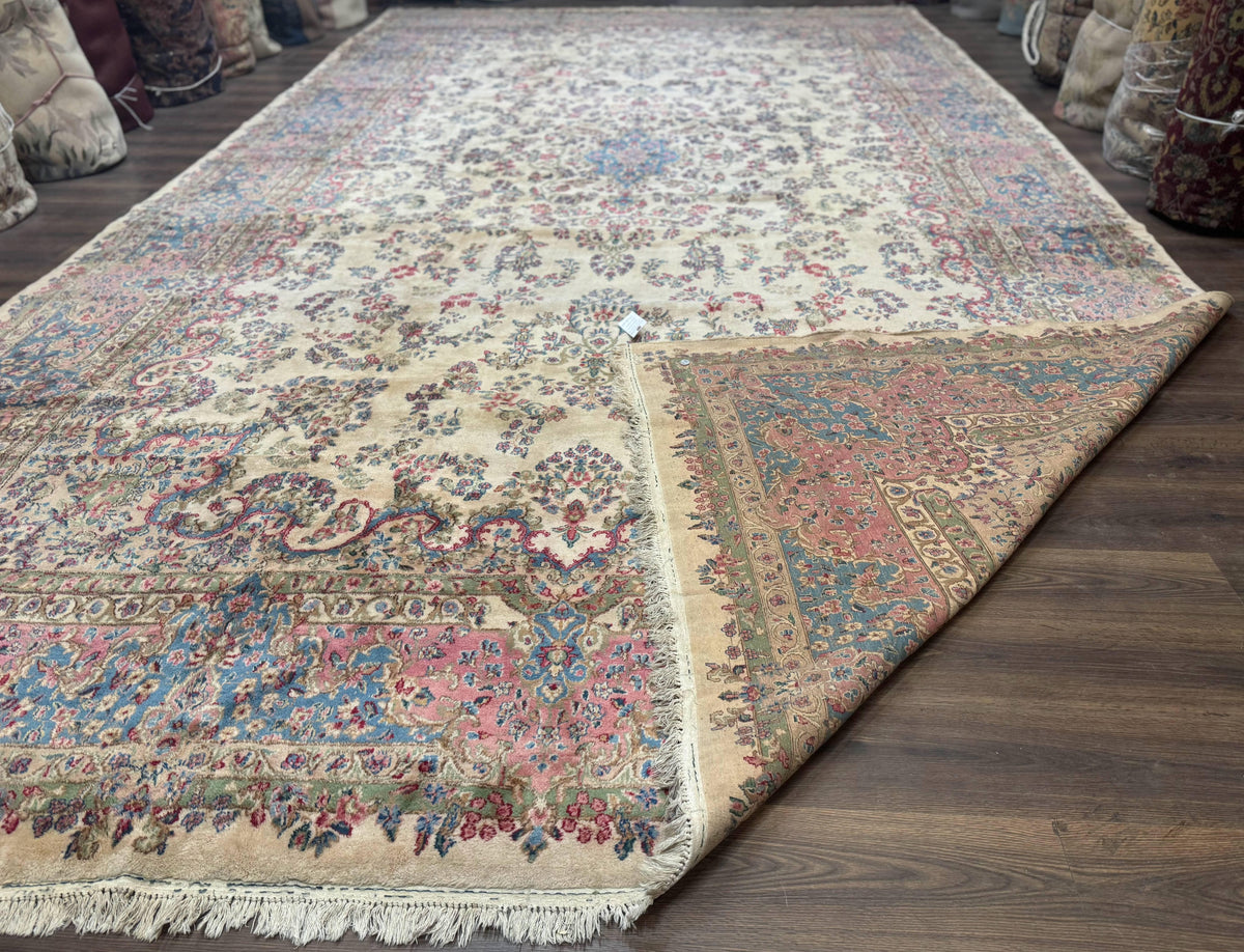 Palace Size Persian Kerman Rug 11x20 ft, Very Fine 340 KPSI, Vintage Oversized Wool Handmade Large Persian Carpet, Beige Light Blue Pink - Jewel Rugs, view 11