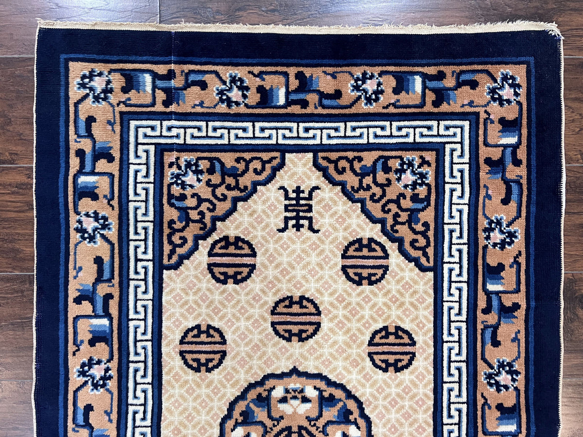 Chinese Peking Rug 3x5, Antique Chinese Art Deco Carpet, Blue Ivory Tan, Hand Knotted Wool Asian Oriental Rug 3 x 5 Vintage Small Peking Rug - Jewel Rugs, view 3