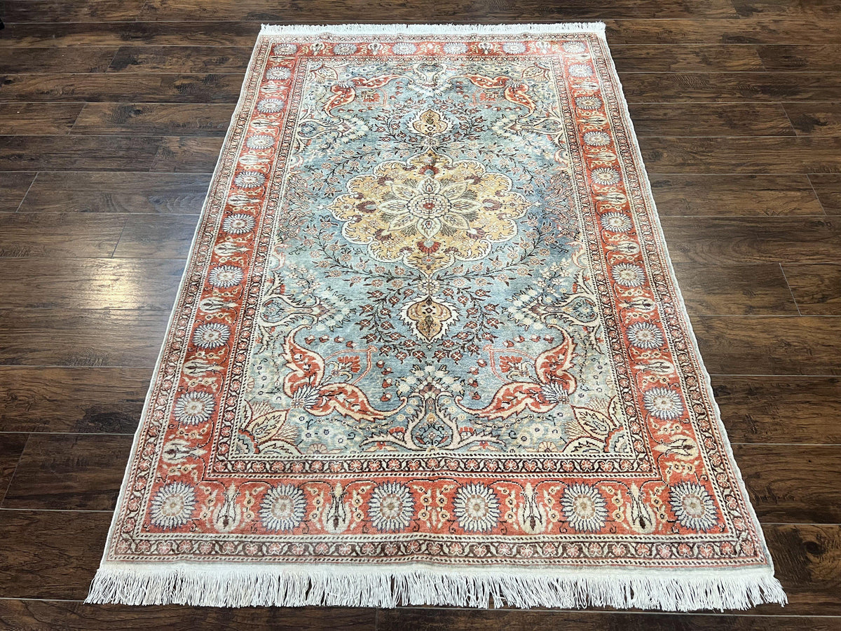 Silk Turkish Rug 5x7, Light Blue Silk Carpet, Floral Medallion, Turkish Kayseri Rug, Vintage Handmade Oriental Rug - Jewel Rugs