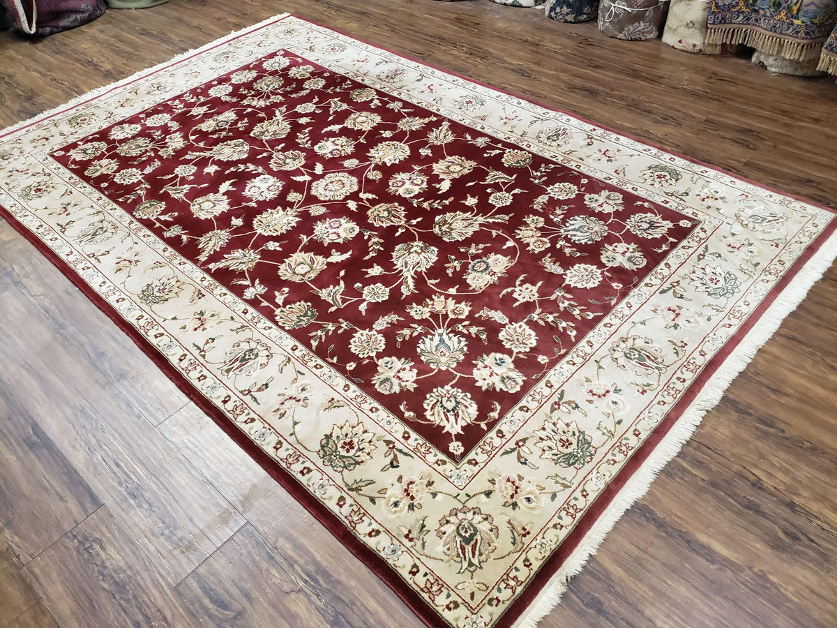 Vintage Traditional Oriental Area Rug, Hand-Knotted, Wool & Silk Accents, Maroon Red and Beige, 6x9 Carpet, 5' 9" x 9' - Jewel Rugs, view 13