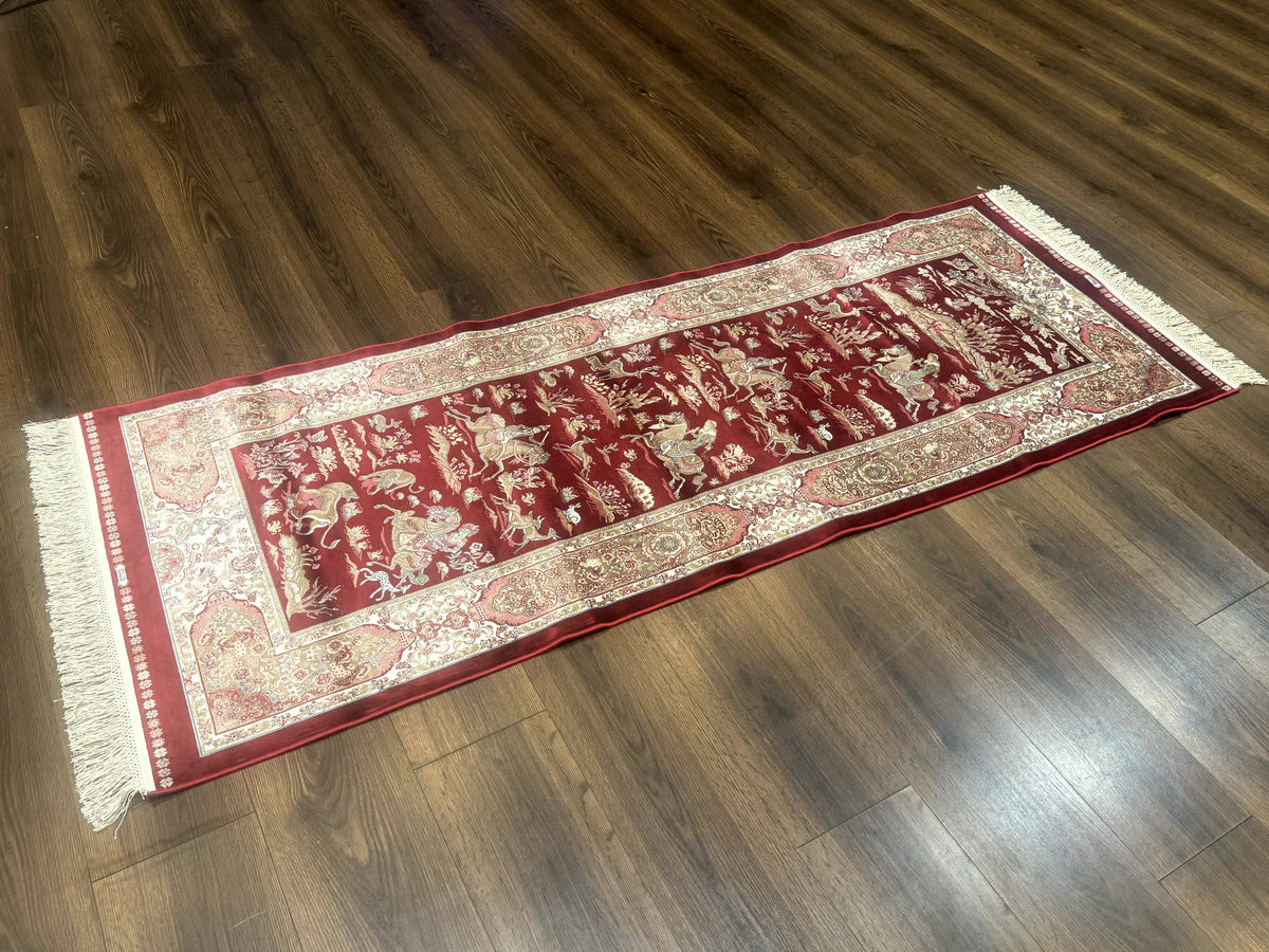 Turkish Silk Rug 2.6 x 6.7, Hunting Design, Short Runner Rug, Red & Ivory, Bamboo Silk, New - Jewel Rugs, view 3