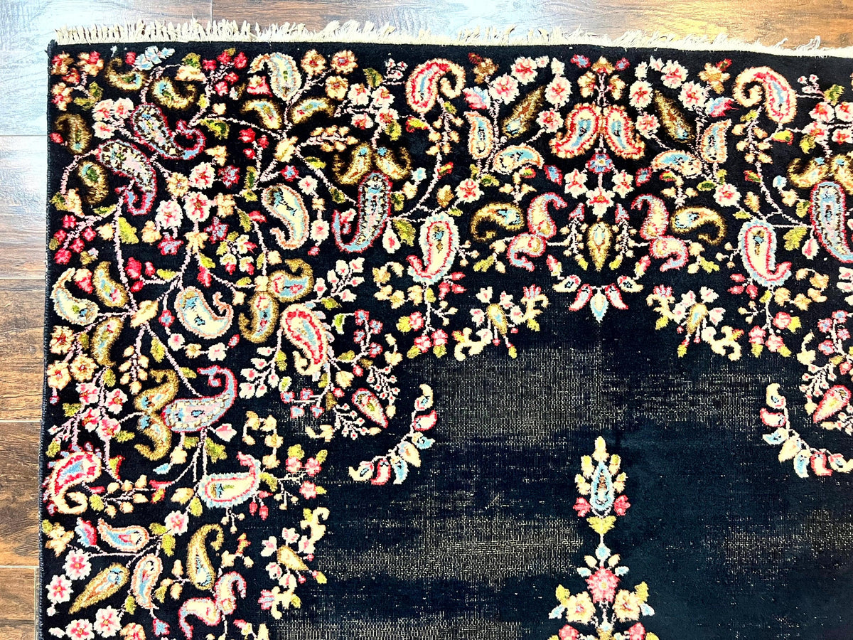 Antique Persian Kirman Rug 5x8, Floral Kirman, Midnight Blue/Black, Semi Open Field, Handmade Vintage Wool Carpet - Jewel Rugs, view 7