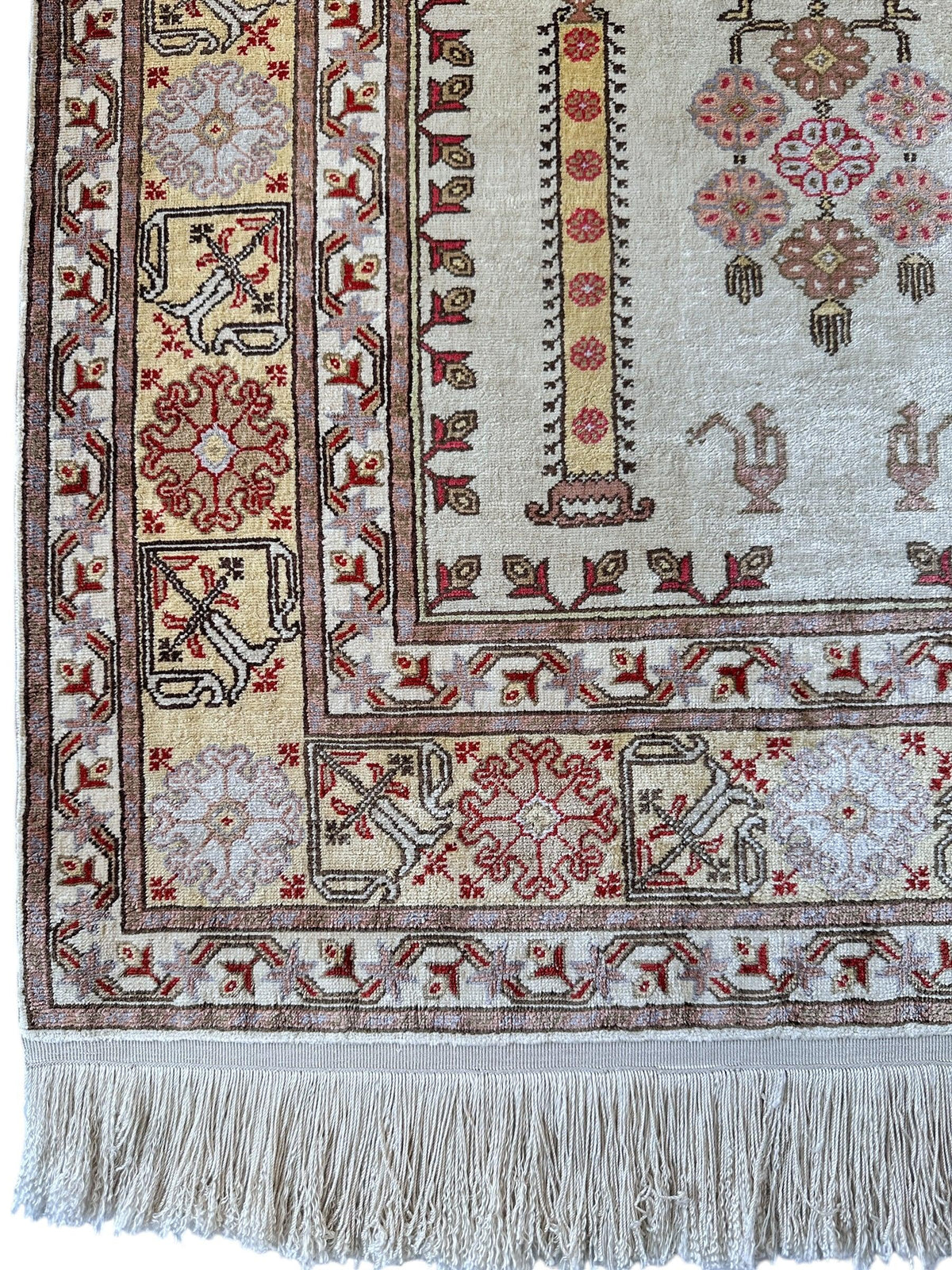 Vintage Turkish Kayseri Rug 2x3 | Ivory, Rust & Brown | Hand-Knotted Silk - Rugistan, view 4