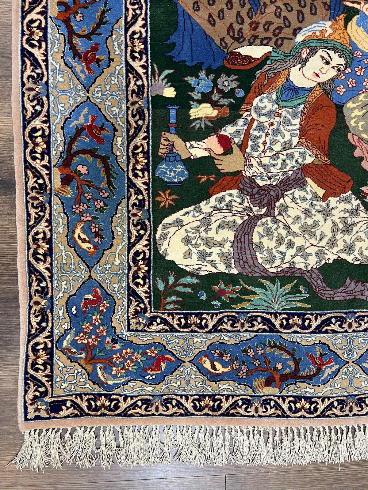 Fine Persian Isfahan Pictorial Rug 3.7 x 5, Kork Wool on Silk Foundation, Blue Persian Carpet, Hand Knotted, Humans Birds, High KPSI, Semi Antique - Jewel Rugs, view 9