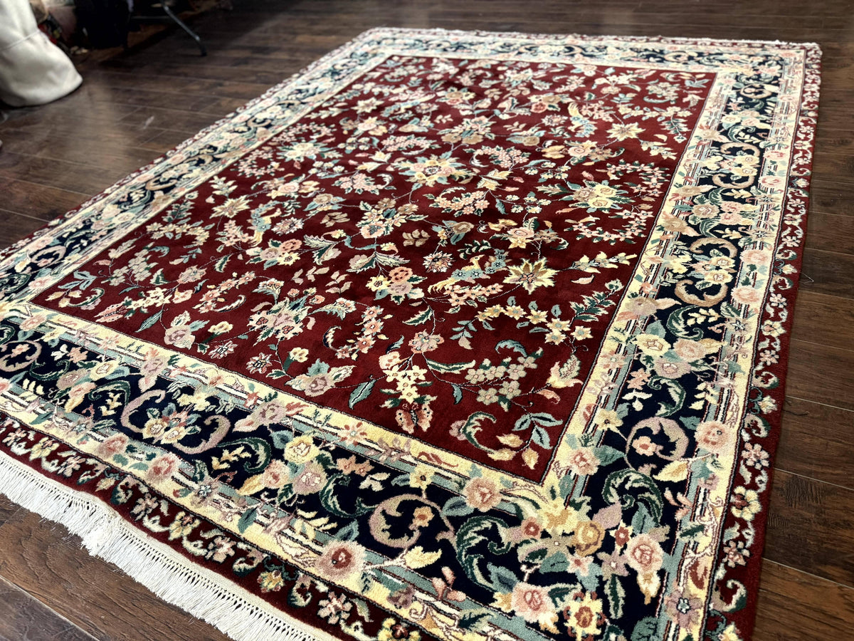 Indo Persian Rug 8x10, Floral Allover with Bird Pictorials, Maroon and Navy Blue, Handmade Wool Area Rug - Jewel Rugs, view 3