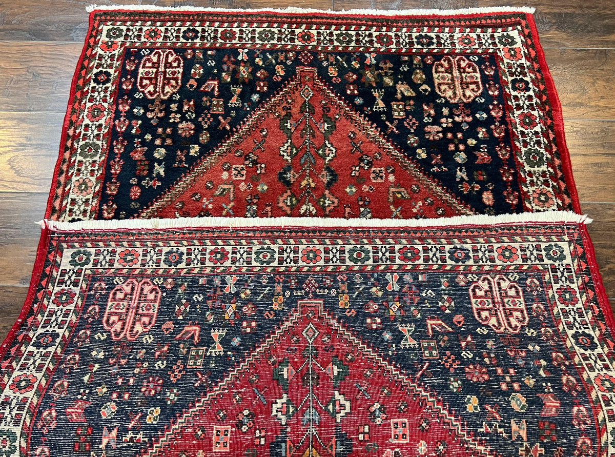 Persian Tribal Rug 3.6 x 5 ft, Persian Abadeh Rug, Geometric Medallion Bird Motifs, Red and Navy Blue Hand Knotted Handmade Wool Vintage Oriental Carpet - Jewel Rugs, view 12