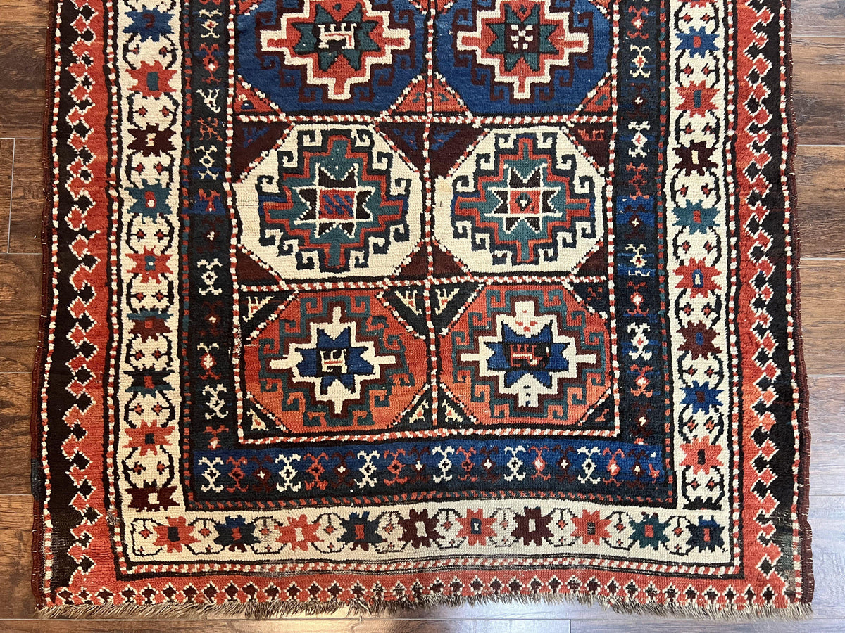 Antique Caucasian Kazak Runner Rug 4 x 9.5, Handmade Wool Rug for Hallway, Rare Colorful Panel Design Mid 19th Century 1870s Oriental Carpet - Jewel Rugs, view 5