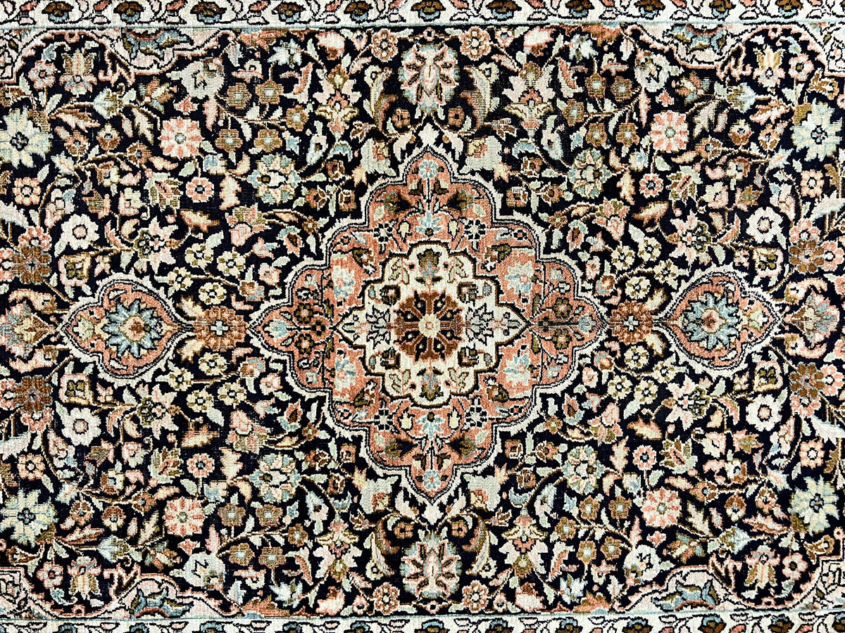 Silk Indian Kashmiri Rug 3x5, Indo Persian Silk on Silk Carpet, Very Fine 350 KPSI, Navy Blue, Handmade, Floral Medallion - Jewel Rugs, view 4