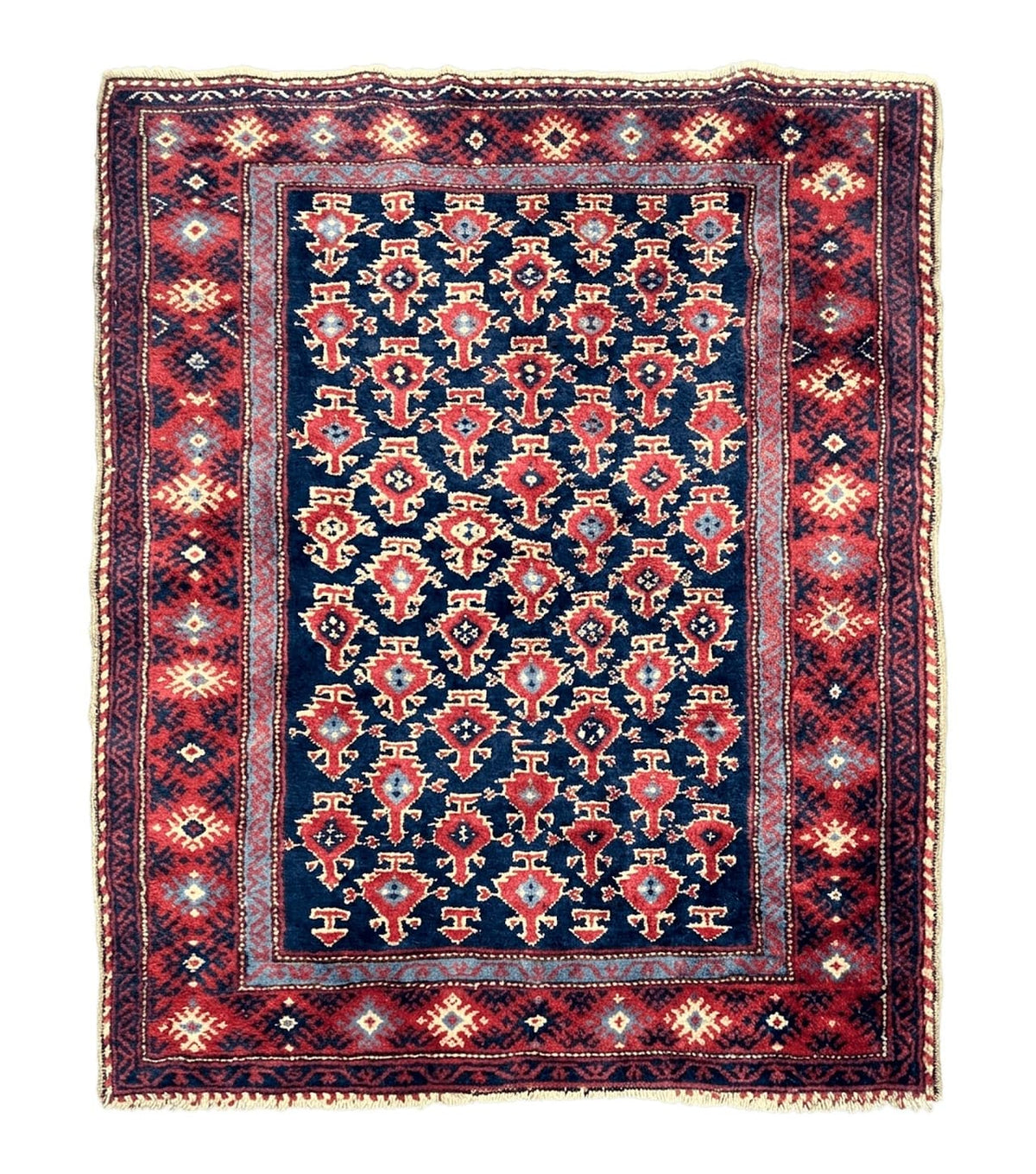 Turkish Sparta Rug 3x4, Allover Pattern, Navy Blue and Red, Antique Ispara Oriental Carpet 3 x 4, Small Turkish Handmade Vintage Wool Rug - Jewel Rugs