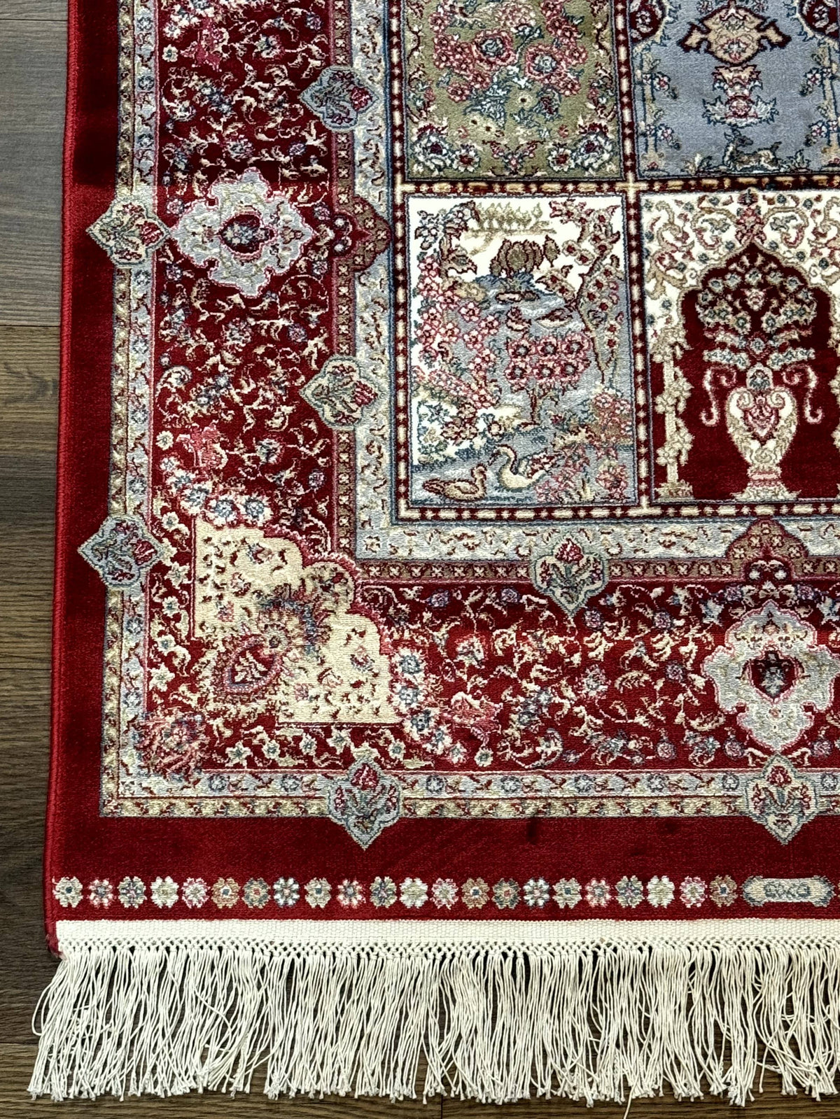 Turkish Silk Runner Rug 2.6 x 11.6, Panel Design, Dark Red Ivory, Bamboo Silk, New - Jewel Rugs, view 8