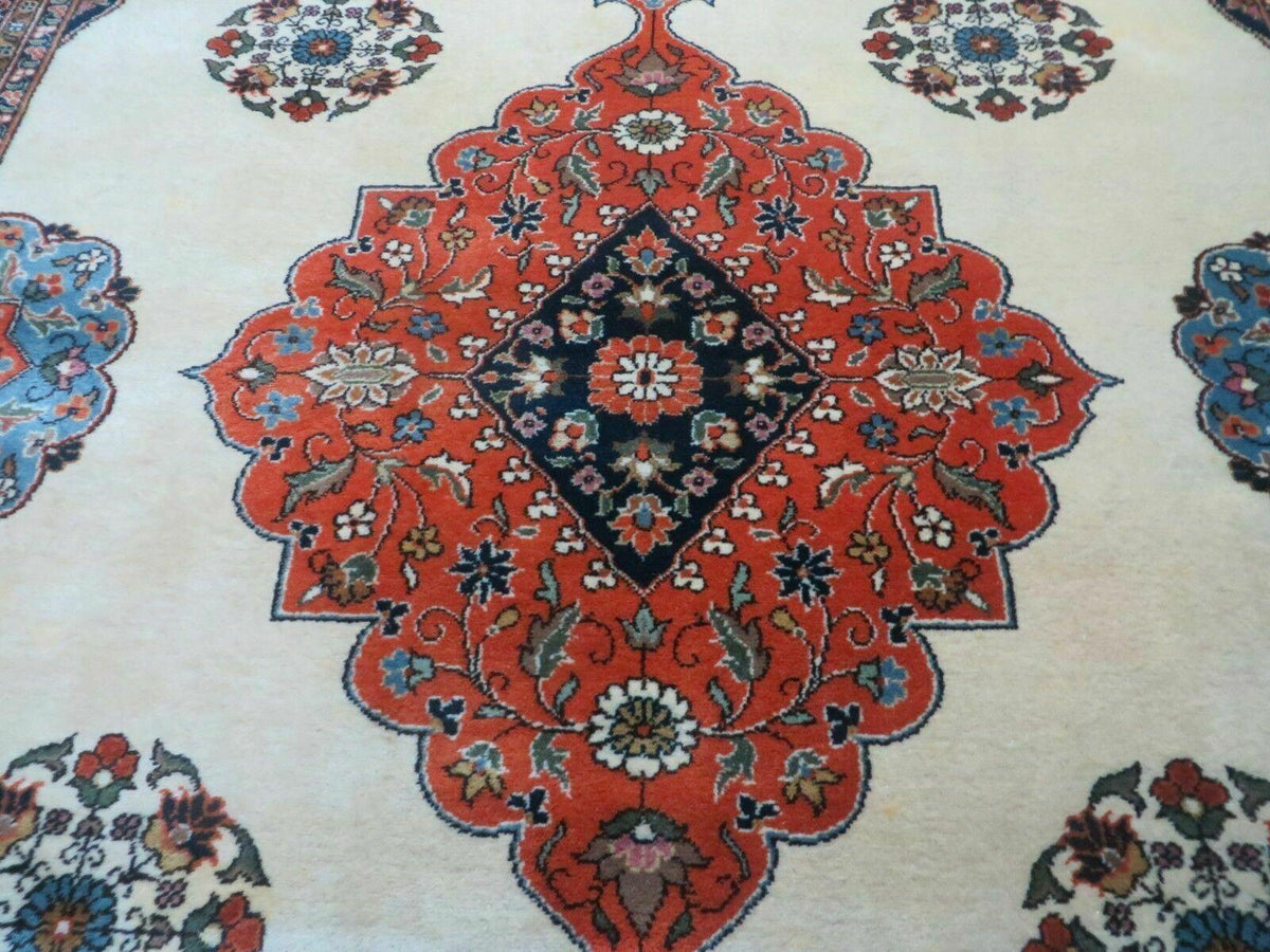 Indo Persian Rug 9x12, Semi Open Field Medallion, Ivory Tomato Red Navy Blue, Hand Knotted Indian Oriental Wool Carpet 9 x 12 ft, Room Sized - Jewel Rugs, view 5