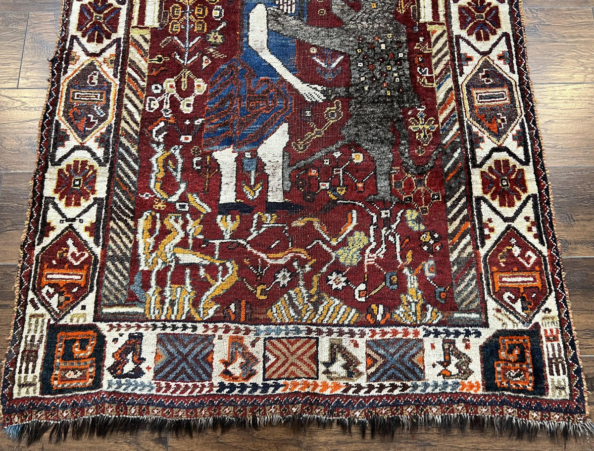 Antique Persian Shiraz Pictorial Rug 3.6 x 5, Persian Tribal Rug, Handmade, Lions, Highly Unique Collectible Small Persian Carpet, Maroon, Wool - Jewel Rugs, view 6