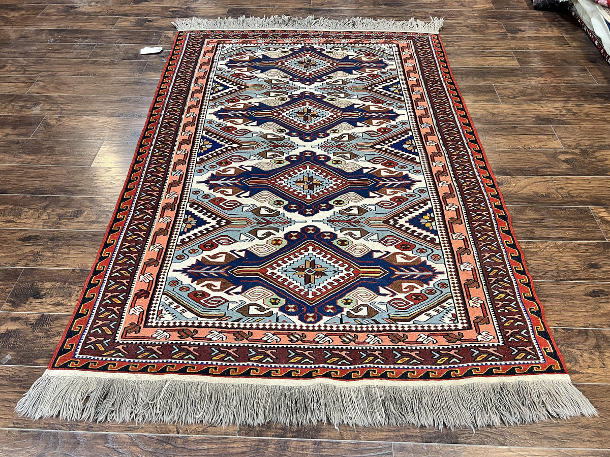Russian Soumak Rug 6x8, Wool Handmade Antique Kilim Carpet, Multicolor 6 x 8 Geometric Medallions Caucasian Rug, Medium Size - Jewel Rugs, view 2