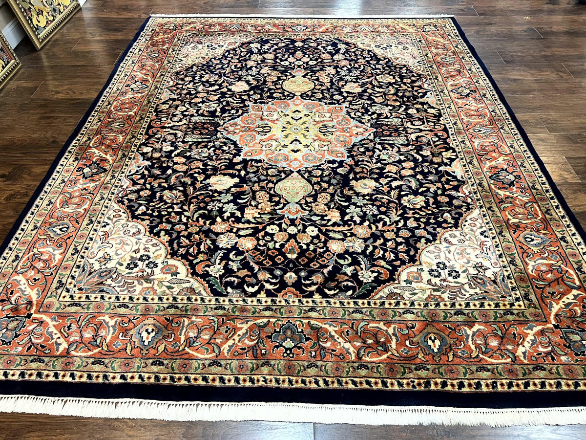 Indo Persian Rug 8x10, Midnight Blue & Red, Handmade Vintage Wool Carpet, Floral Medallion - Jewel Rugs, view 2