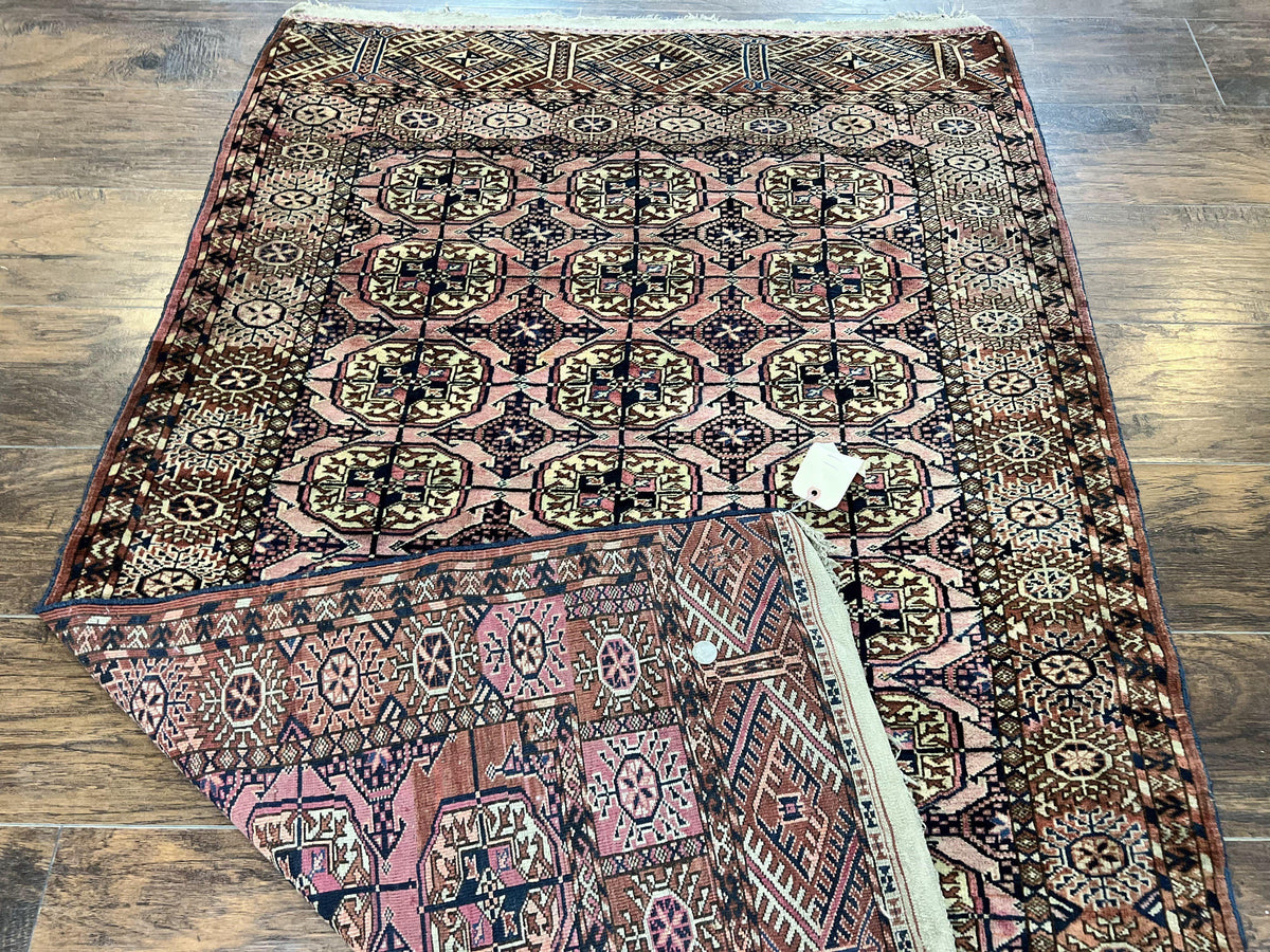 Persian Turkoman Rug 4x6, Wool Hand Knotted Antique Bokhara Carpet, Red Pink, Handmade Tribal Oriental Rug 4 x 6 ft - Jewel Rugs, view 12