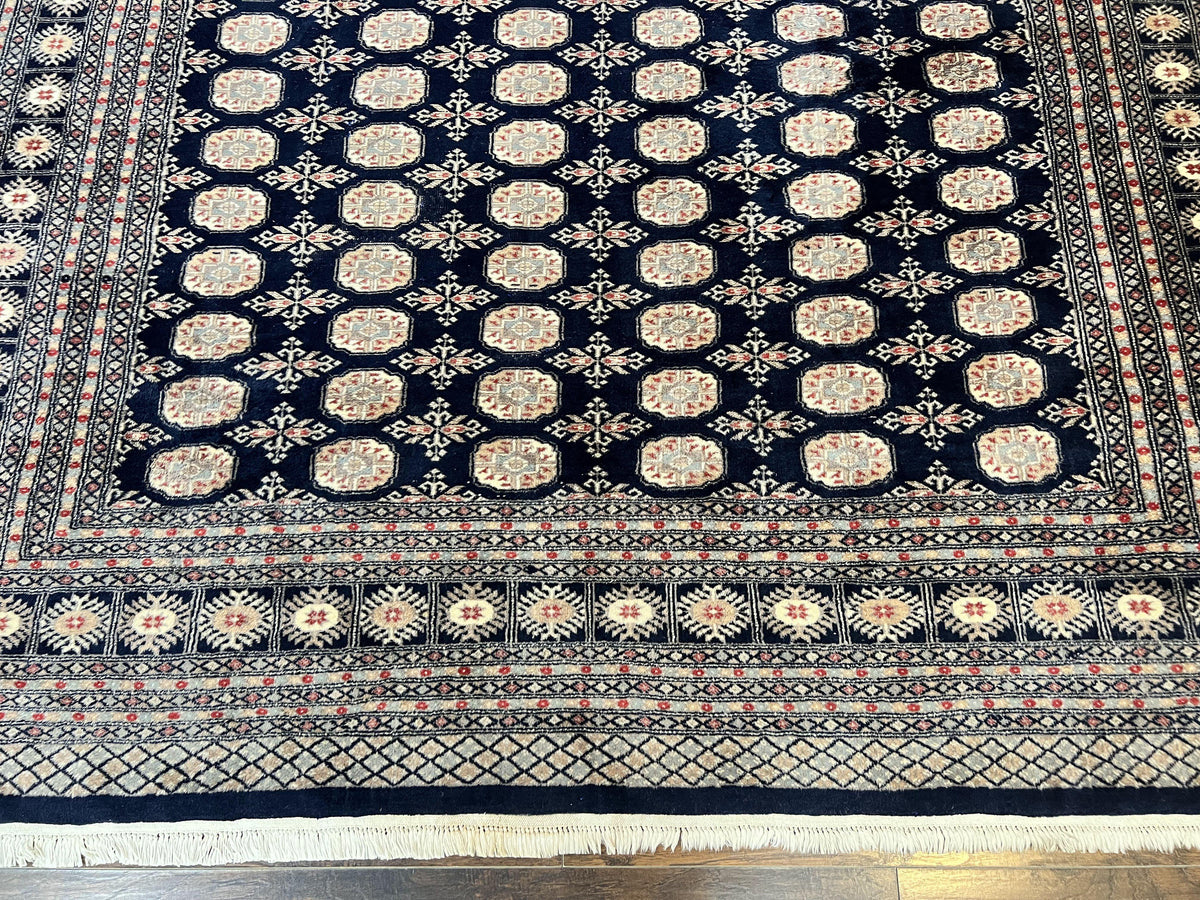 Pakistani Bokhara Rug 8x10, Turkoman Carpet, Dark Blue and Beige, Vintage Handmade Wool Carpet - Jewel Rugs, view 6