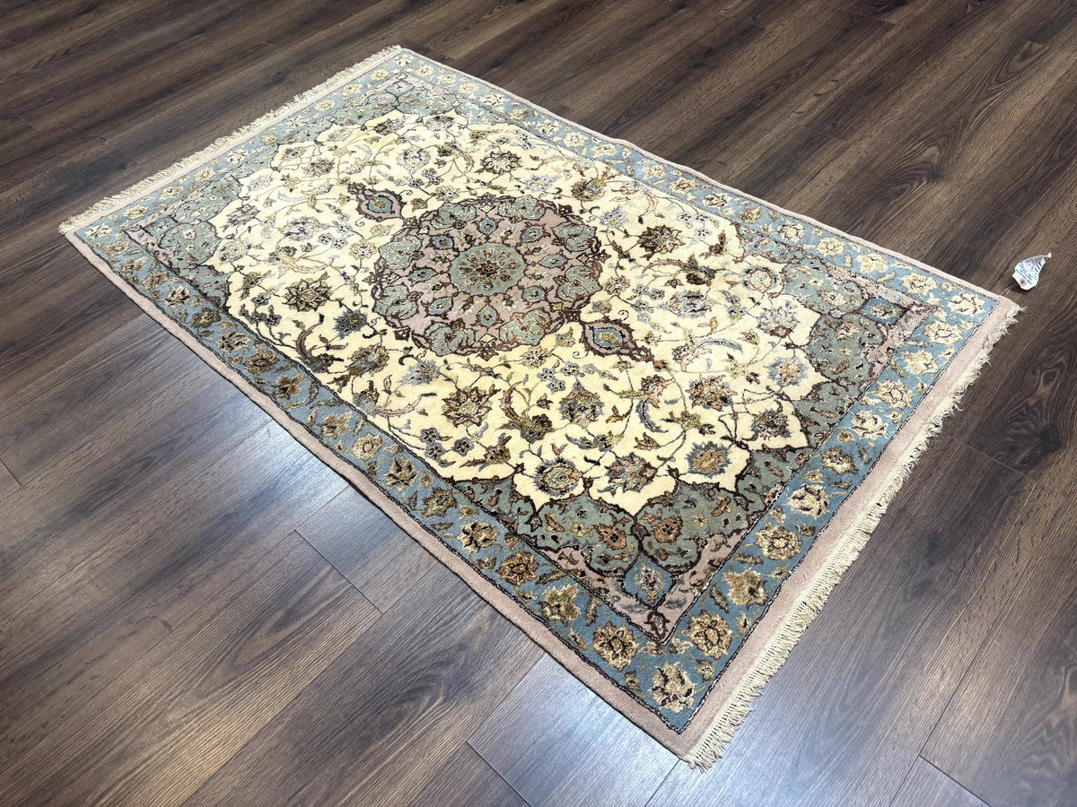 Persian Isfahan Rug 3x5, Fine 310 KPSI, Kork Wool Silk Foundation, Cream & Light Green - Jewel Rugs, view 13
