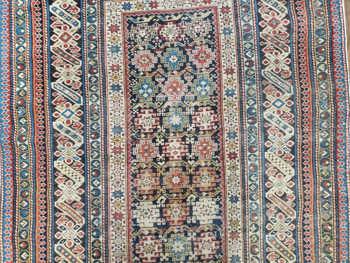 Caucasian Rug 3'9" x 5'7", Antique 1920s Collectible Caucasian Chi Chi Carpet, Hand Knotted, Colorful, Dark Blue Cream Red, Wool, Small Rug - Jewel Rugs, view 12