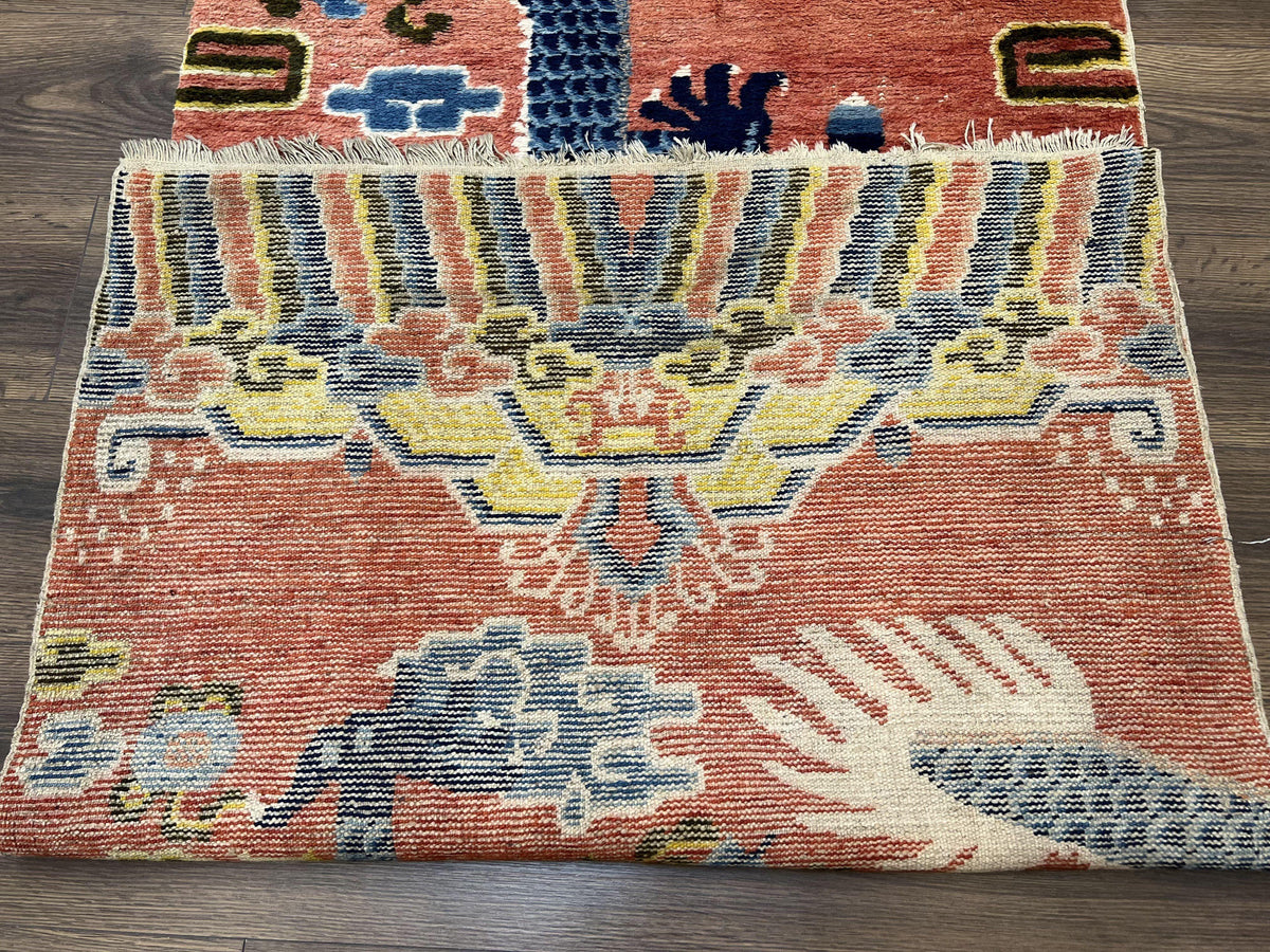 Rare Chinese Ningxia Pillar Rug 3x8, Late Qing Dynasty, 5 Clawed Dragon, Cloud Rainbow Border, Collectible Antique Carpet, Wool Hand Knotted - Jewel Rugs, view 9