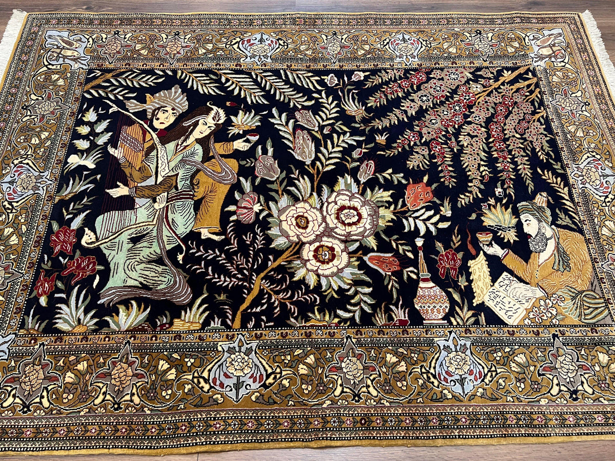 Persian Qum Pictorial Rug 4.8 x 6.5 - Layla & Majnun, Birds - Jewel Rugs