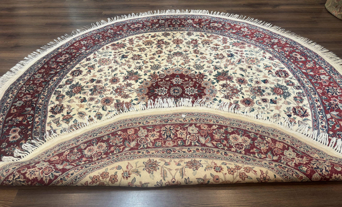 Round Sino Persian Rug 8x8, Wool and Silk, Floral Medallion, Ivory Dark Red - Jewel Rugs, view 11